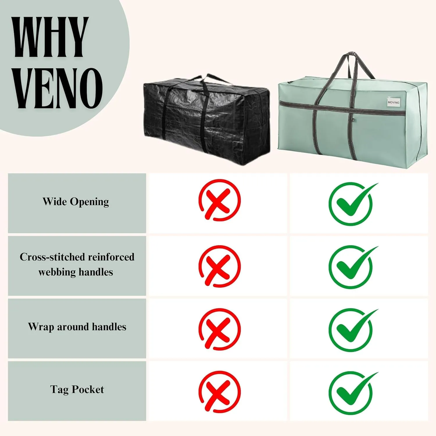 VENO 4 Pack Extra Large Moving Bags, Heavy Duty Storage, Moving Boxes, Large Storage Bins with Lids Alternative for College, Christmas Tree, Packing Supplies Essentials (Light Green Matte, 4 Pack)