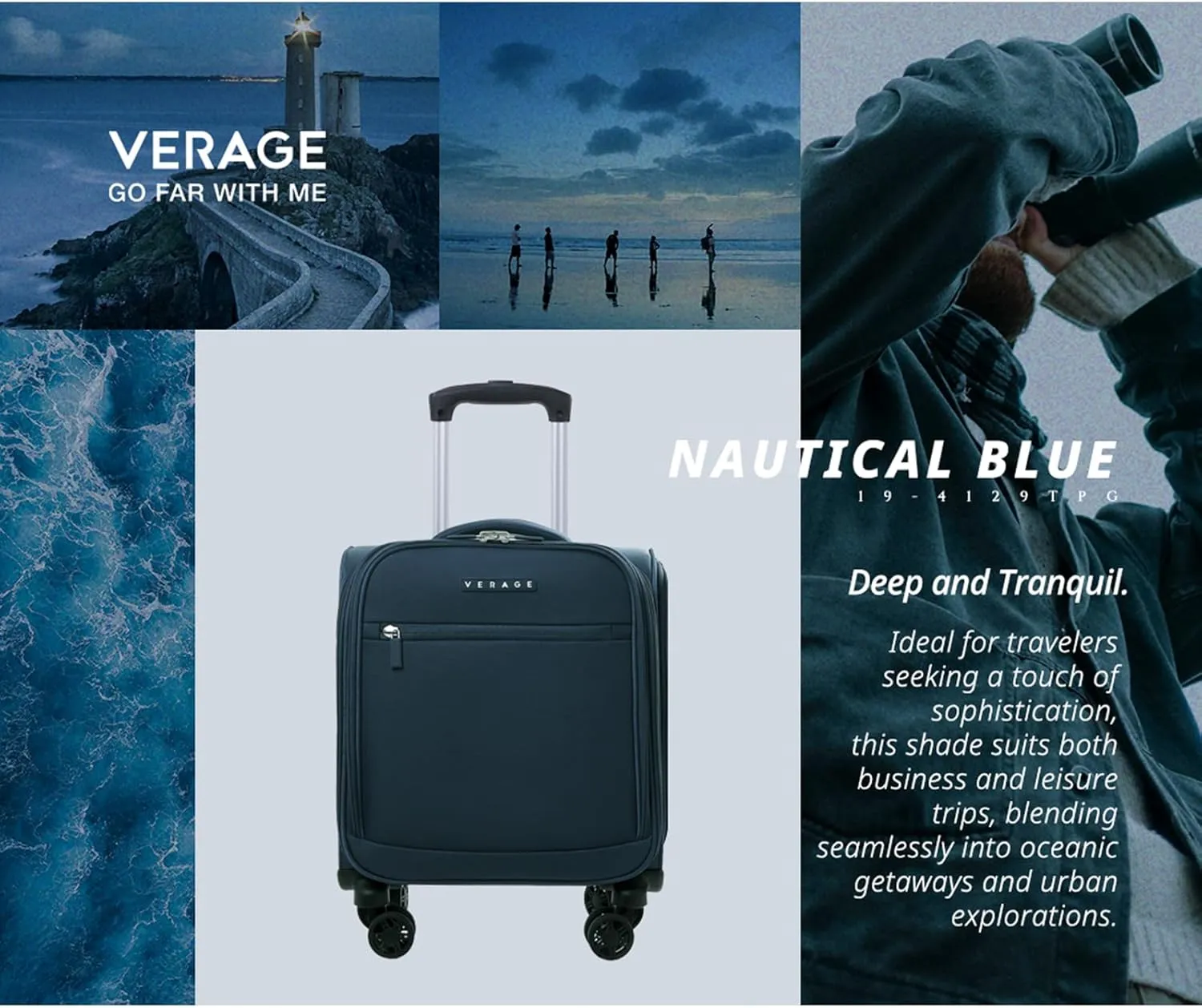 Verage Underseat Carry On Luggage with Wheels, 14.5-Inch Spinner Small Suitcase, Softside Lightweight Travel Bag for Men and Women, Airplane Carry On Bag, Nautical Blue