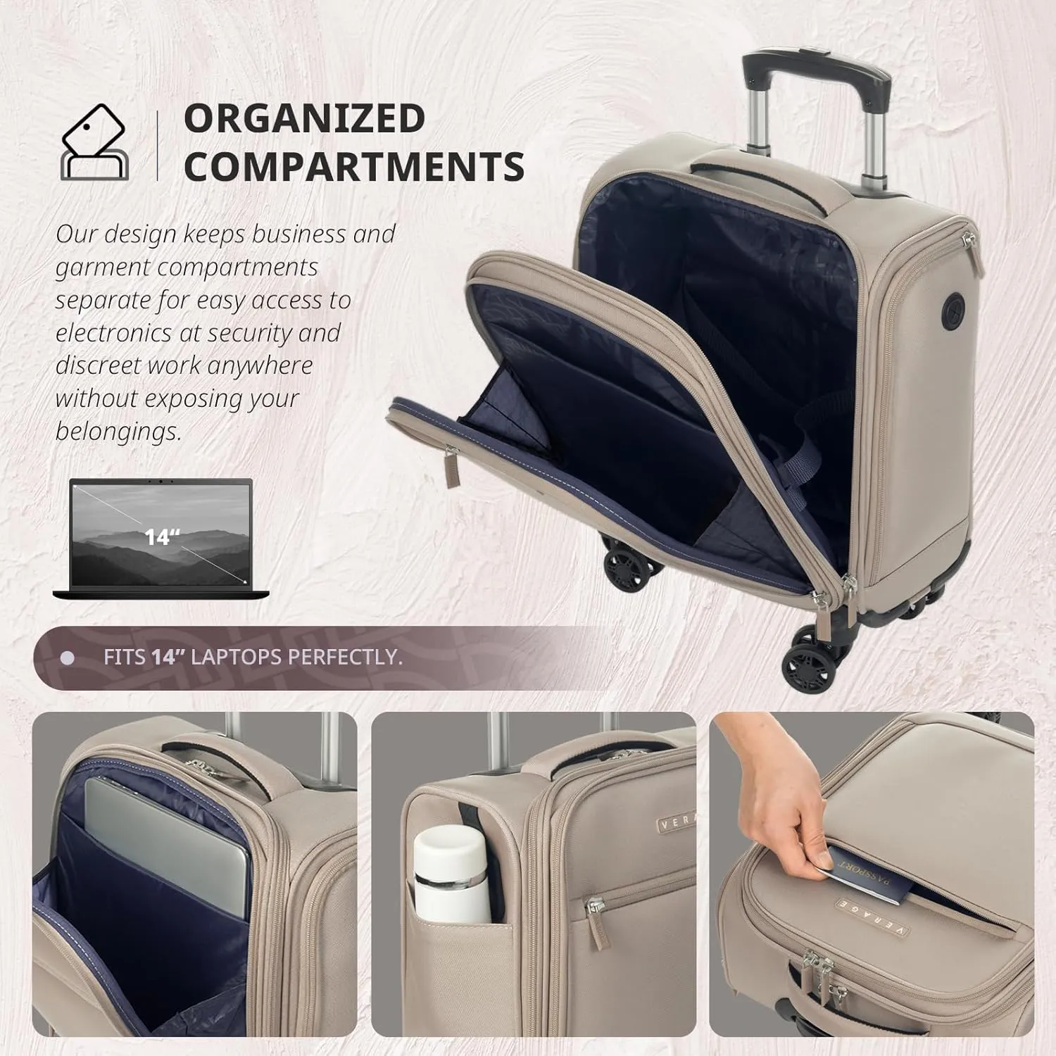 Verage Underseat Carry On Luggage with Wheels, 14.5-Inch Spinner Small Suitcase, Softside Lightweight Travel Bag for Men and Women, Airplane Carry On Bag, Pebble Gary