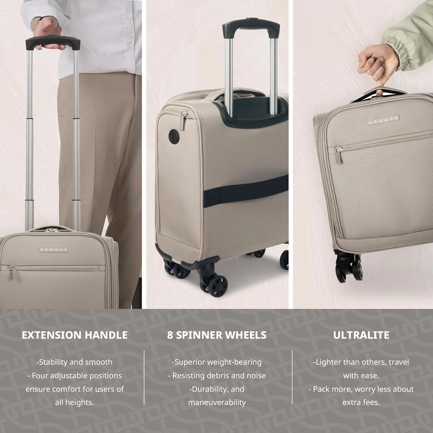 Verage Underseat Carry On Luggage with Wheels, 14.5-Inch Spinner Small Suitcase, Softside Lightweight Travel Bag for Men and Women, Airplane Carry On Bag, Pebble Gary