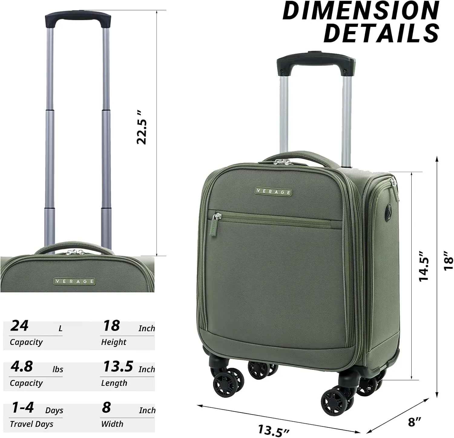 Verage Underseat Carry On Luggage with Wheels,14.5-Inch Spinner Small Suitcase, Softside Lightweight Travel Bag for Men and Women, Airplane Carry On Bag, Sage Green