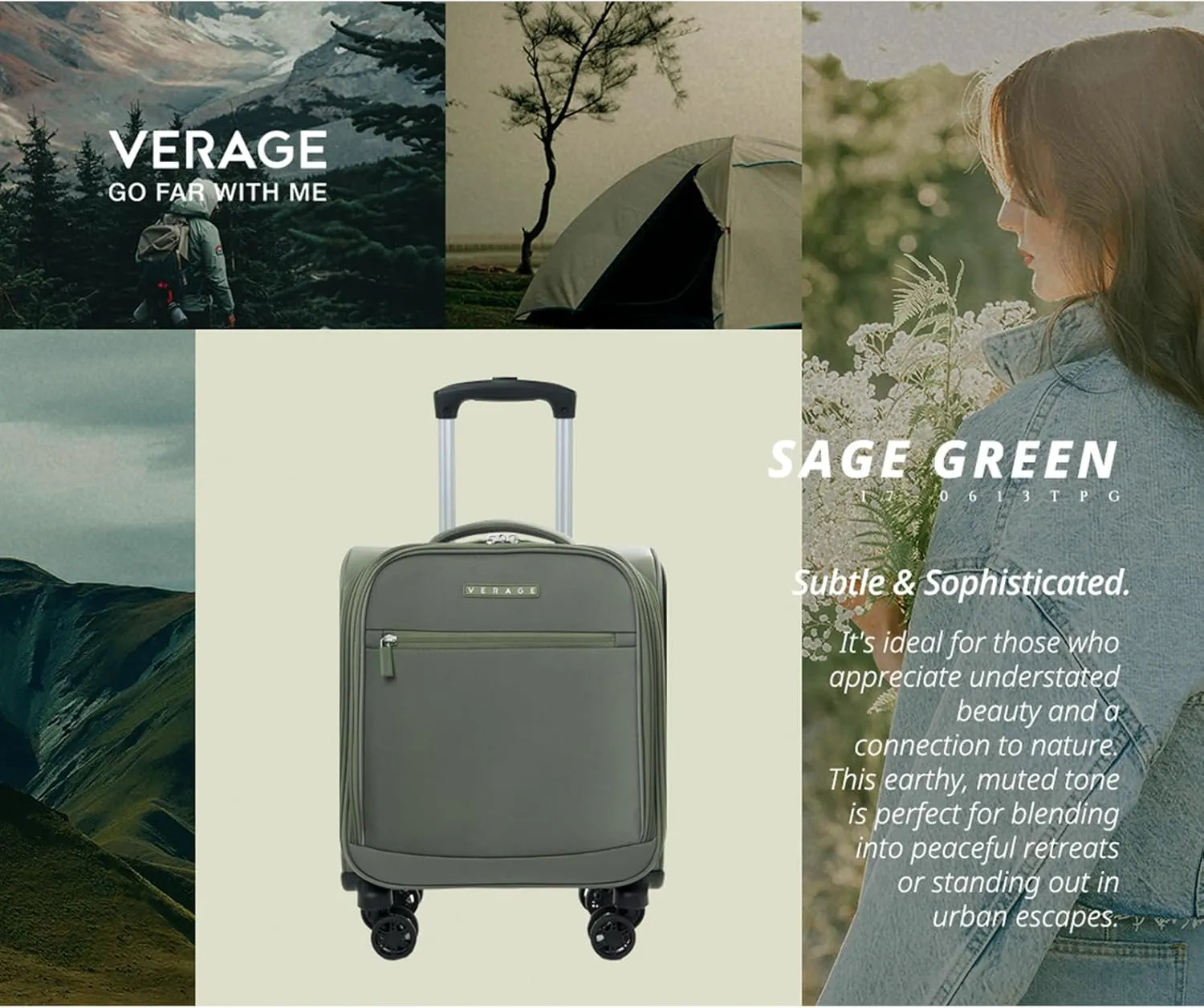Verage Underseat Carry On Luggage with Wheels,14.5-Inch Spinner Small Suitcase, Softside Lightweight Travel Bag for Men and Women, Airplane Carry On Bag, Sage Green