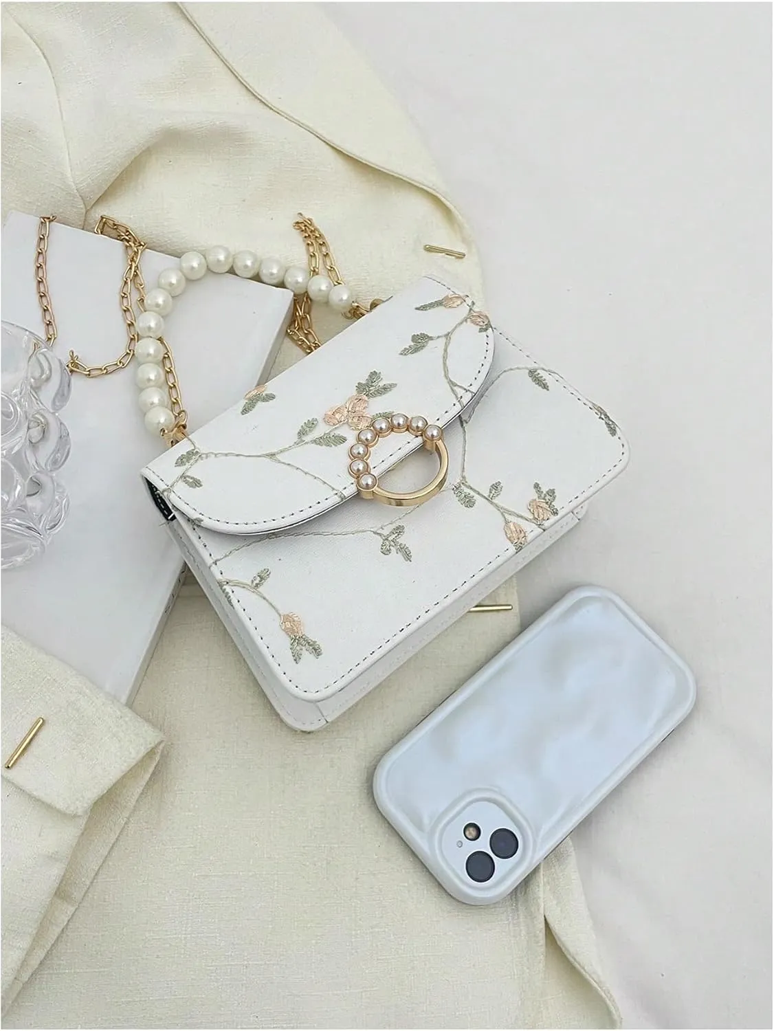 Verdusa Women's Floral Pearl Rhinesone Square Bag Handle Underarm Shoulder Bags