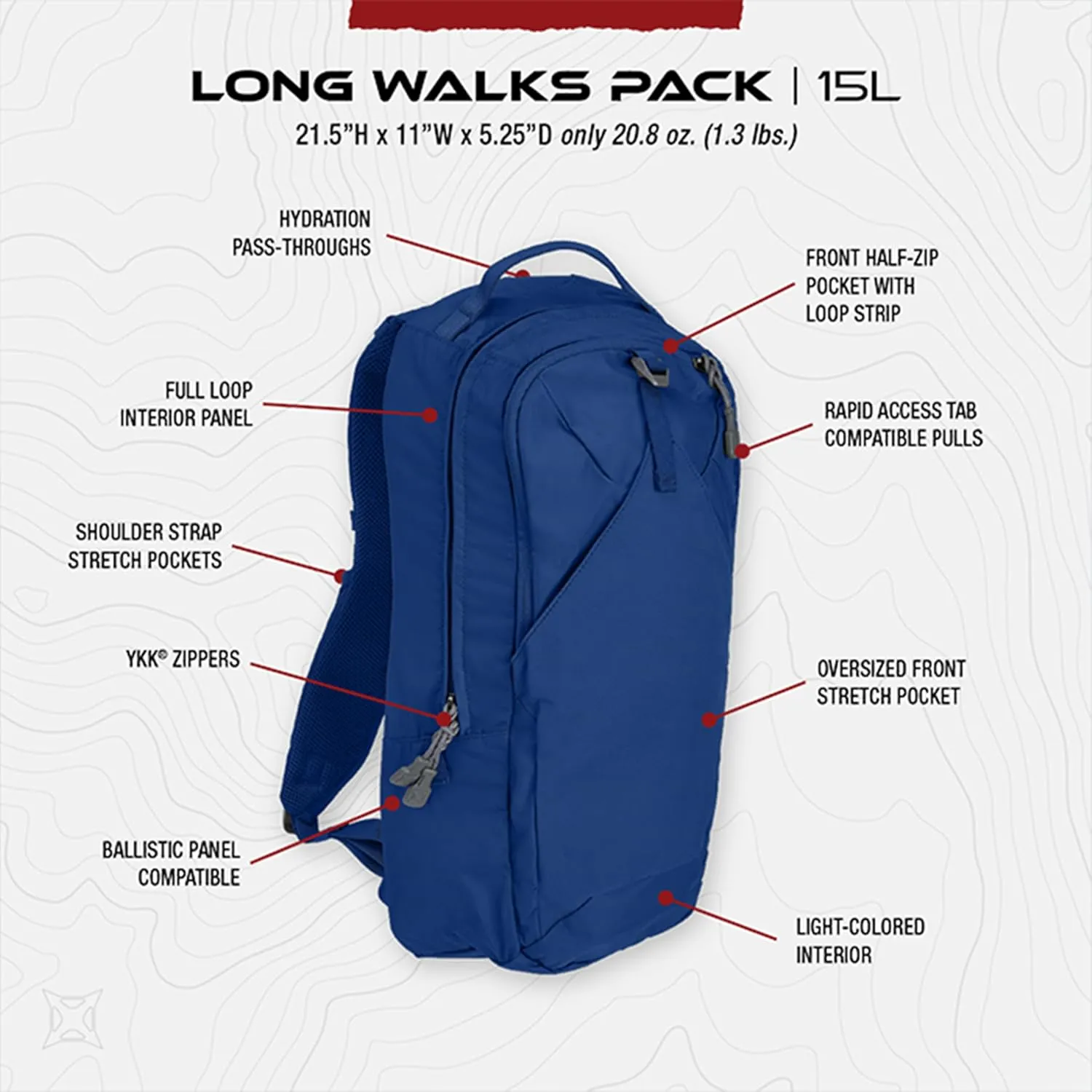 Vertx Long Walks Pack 15L Tactical Backpack Concealed Carry EDC Gear Bag for CCW, Travel, Work, Hiking, Outdoors, Royal Blue