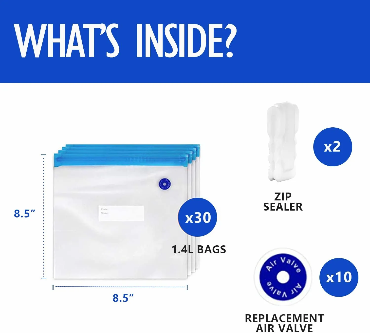VICARKO 30 Vacuum Zipper Bags, Vacuum Sealer Bags, Food Storage, Reusable Bags, with Double Layers, BPA Free, 1.4L, 8.5 x 8.5"