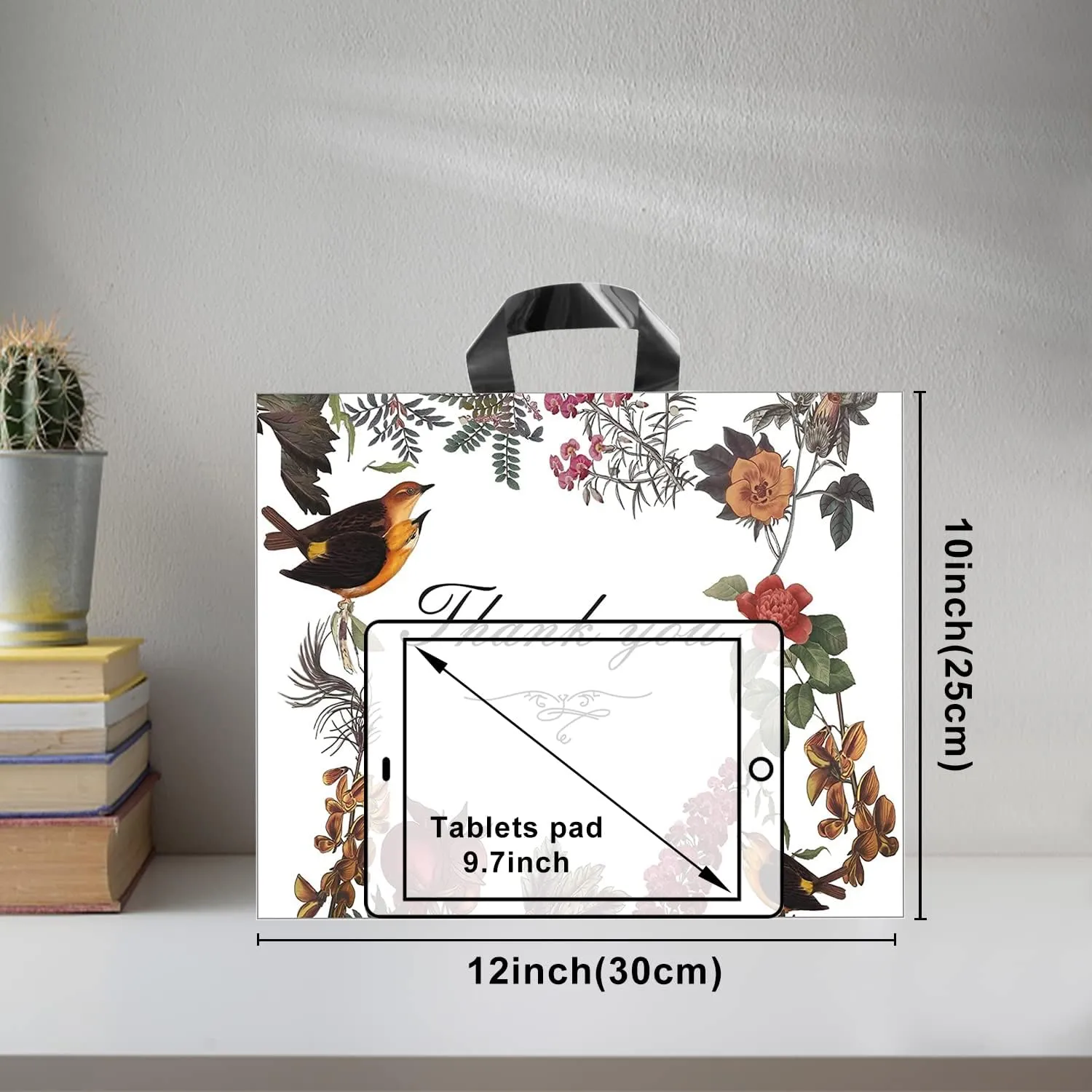 WAKAKO 60 Pack Thank You Bags for Business, Reusable Plastic Shopping Retail Gift Bags with Loop Handle, Boutique Merchandise Use Eco-Friendly Floral (12" W x 10" H)