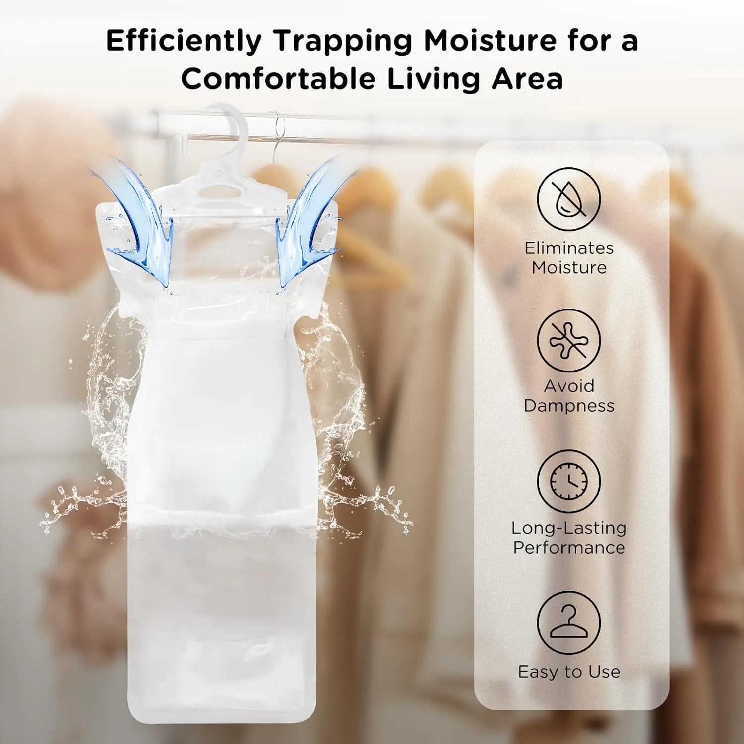W&E Choice Moisture Absorbers Hanging Bag for Your Closet, Dehumidifier Bags for Bathroom, Fragrance Free Humidity Packs, 10 Pack, 9.9 Oz