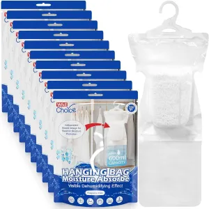 W&E Choice Moisture Absorbers Hanging Bag for Your Closet, Dehumidifier Bags for Bathroom, Fragrance Free Humidity Packs, 10 Pack, 9.9 Oz