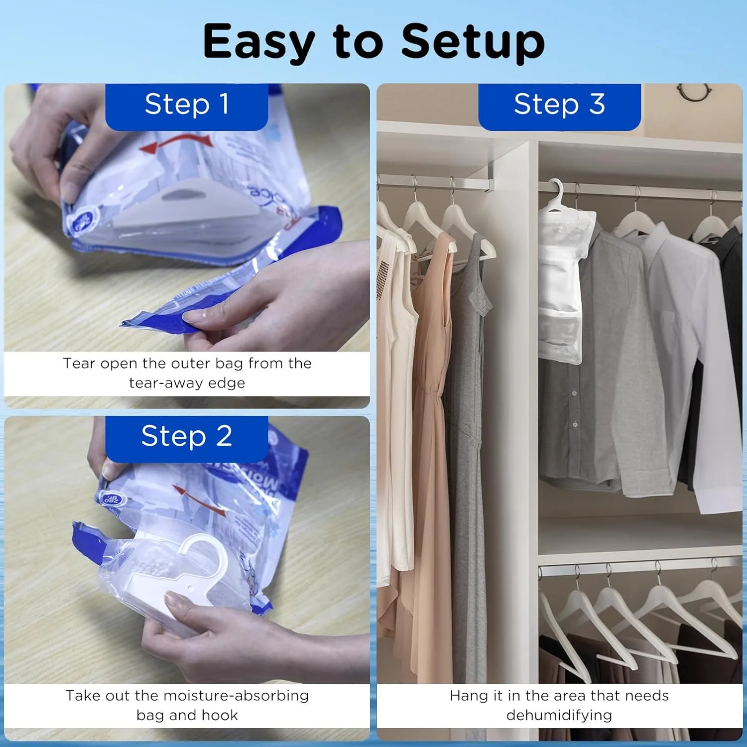 W&E Choice Moisture Absorbers Hanging Bag for Your Closet, Dehumidifier Bags for Bathroom, Fragrance Free Humidity Packs, 10 Pack, 9.9 Oz