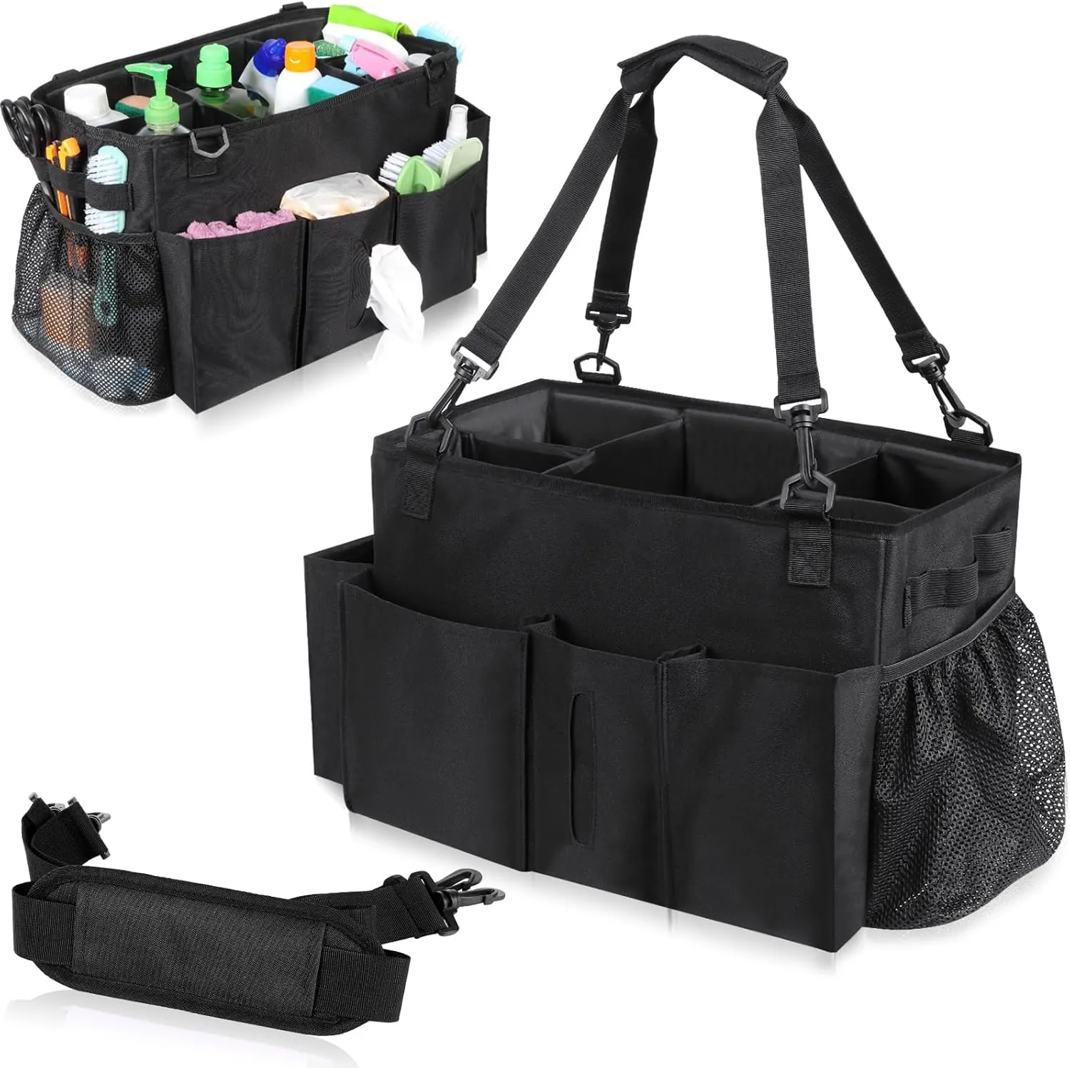 Wearable Cleaning Caddy Bag with Handle, Multi-functional Cleaning Supplies Caddy Organizer with Handle and Shoulder Strap for Car Wash, Gardening Tools, Painting/Picnic Items, Beach (Black)