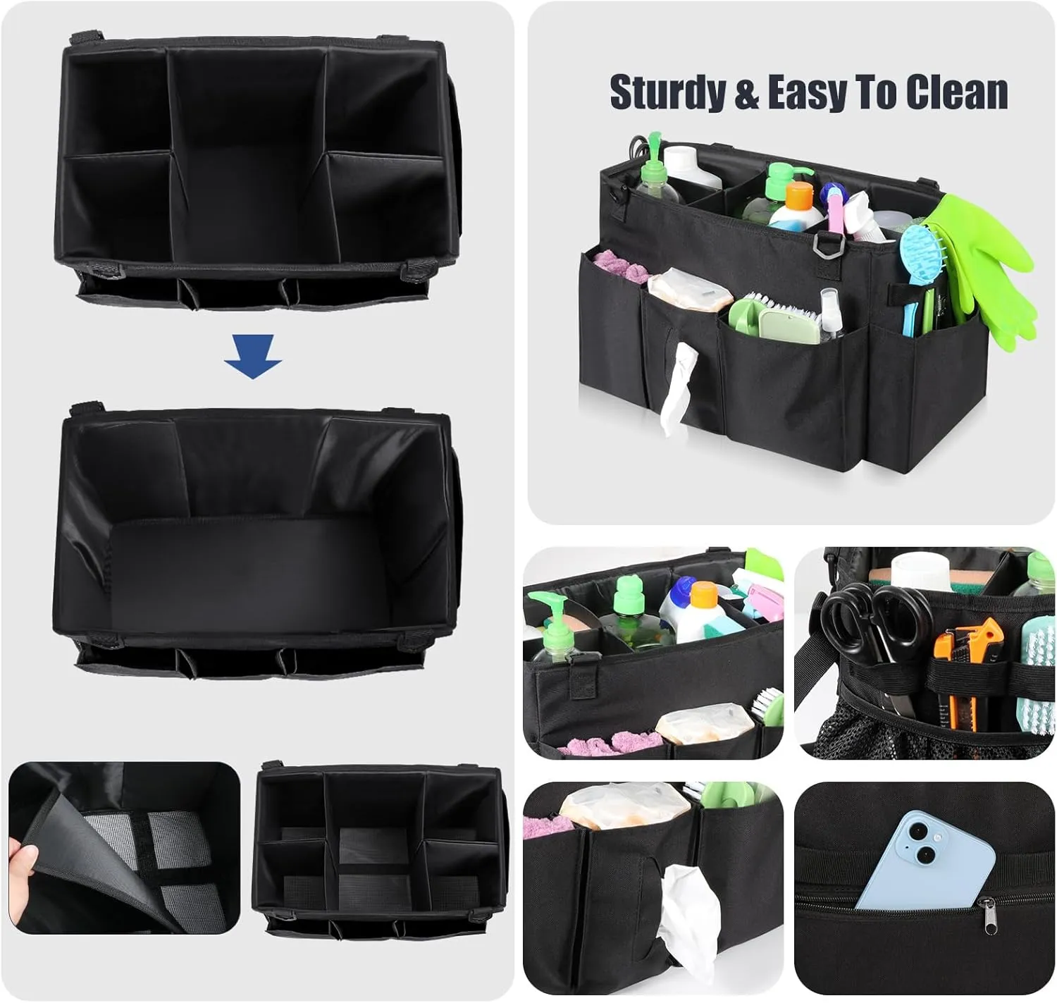 Wearable Cleaning Caddy Bag with Handle, Multi-functional Cleaning Supplies Caddy Organizer with Handle and Shoulder Strap for Car Wash, Gardening Tools, Painting/Picnic Items, Beach (Black)