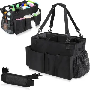 Wearable Cleaning Caddy Bag with Handle, Multi-functional Cleaning Supplies Caddy Organizer with Handle and Shoulder Strap for Car Wash, Gardening Tools, Painting/Picnic Items, Beach (Black)