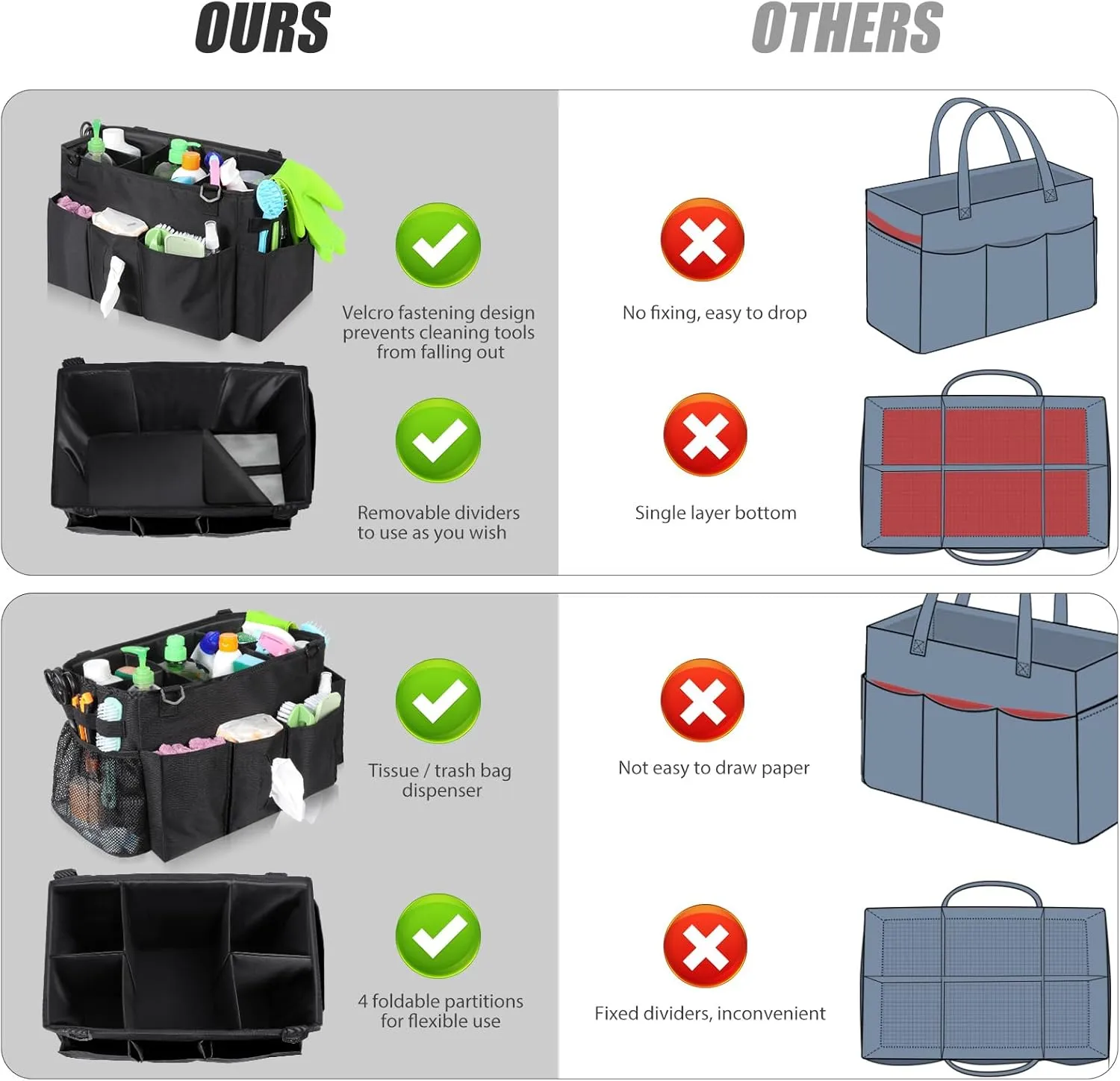 Wearable Cleaning Caddy Bag with Handle, Multi-functional Cleaning Supplies Caddy Organizer with Handle and Shoulder Strap for Car Wash, Gardening Tools, Painting/Picnic Items, Beach (Black)