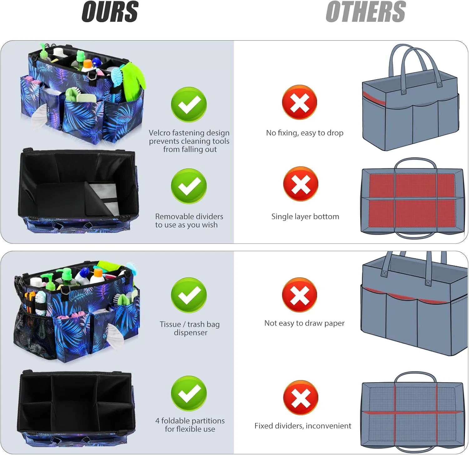 Wearable Cleaning Caddy Bag with Handle, Multi-functional Cleaning Supplies Caddy Organizer with Handle and Shoulder Strap for Car Wash, Gardening Tools, Painting/Picnic Items, Beach (Blue Leaves)