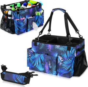 Wearable Cleaning Caddy Bag with Handle, Multi-functional Cleaning Supplies Caddy Organizer with Handle and Shoulder Strap for Car Wash, Gardening Tools, Painting/Picnic Items, Beach (Blue Leaves)