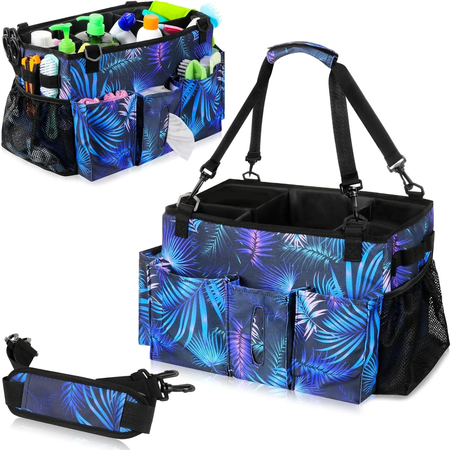 Wearable Cleaning Caddy Bag with Handle, Multi-functional Cleaning Supplies Caddy Organizer with Handle and Shoulder Strap for Car Wash, Gardening Tools, Painting/Picnic Items, Beach (Blue Leaves)