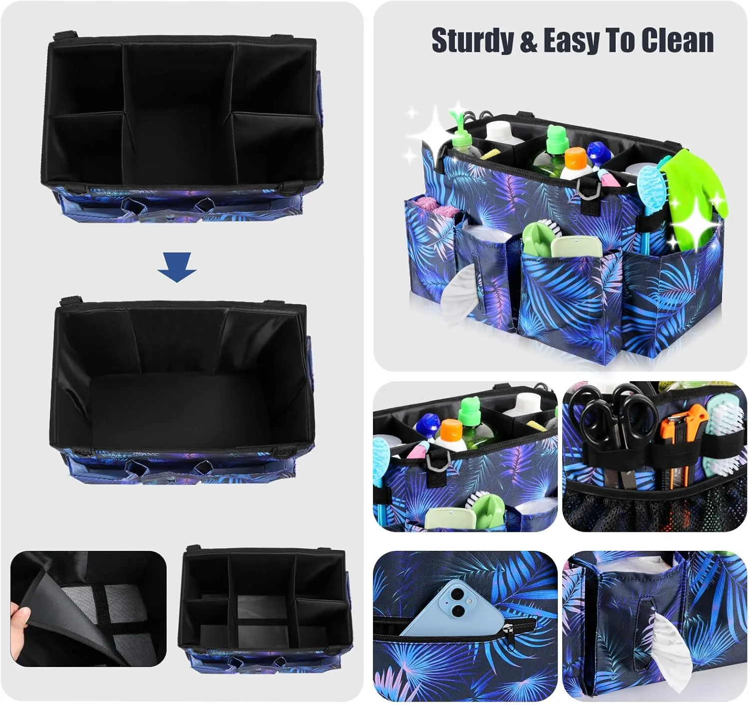 Wearable Cleaning Caddy Bag with Handle, Multi-functional Cleaning Supplies Caddy Organizer with Handle and Shoulder Strap for Car Wash, Gardening Tools, Painting/Picnic Items, Beach (Blue Leaves)