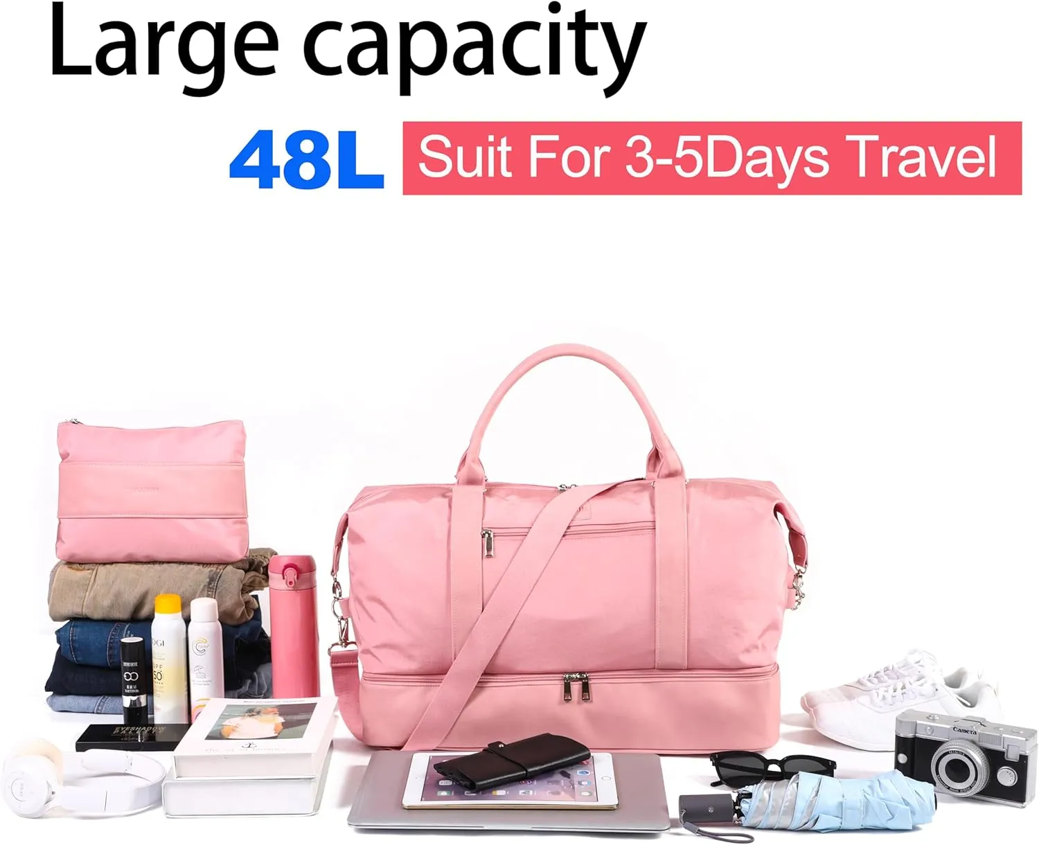 Weekender Travel Bag for Women & Men - Large Overnight Duffel Bag with Shoes Compartment & Toiletry Bag - Waterproof Weekender Bags as Personal Item for Air Travel, Gym, Weekend Getaways(Pink)