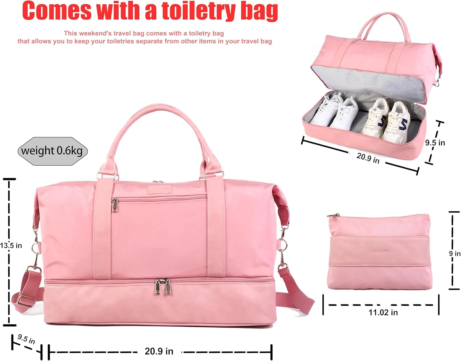 Weekender Travel Bag for Women & Men - Large Overnight Duffel Bag with Shoes Compartment & Toiletry Bag - Waterproof Weekender Bags as Personal Item for Air Travel, Gym, Weekend Getaways(Pink)