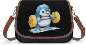 Weightlifting Penguin Cute Crossbody Purses for Women Leather Shoulder Bag Adjustable Shoulder Strap Handbag
