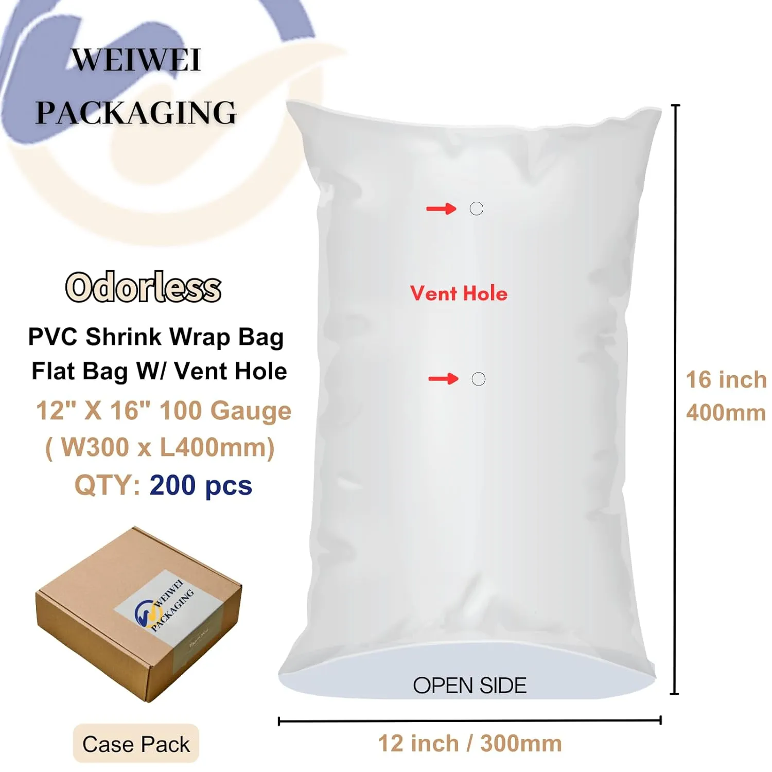 WEIWEI - 12 X 16 inch 200PCS 100 Gauge Odorless PVC Heat Shrink Wrap Bags with Vent Hole