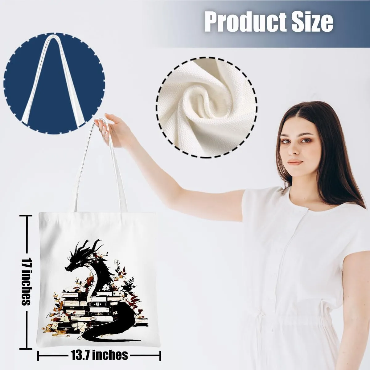 Wenboco Book Lovers Fantasy Reusable Grocery Bags, Beach Tote Dragon Bookworm Gift, Book Club Bag