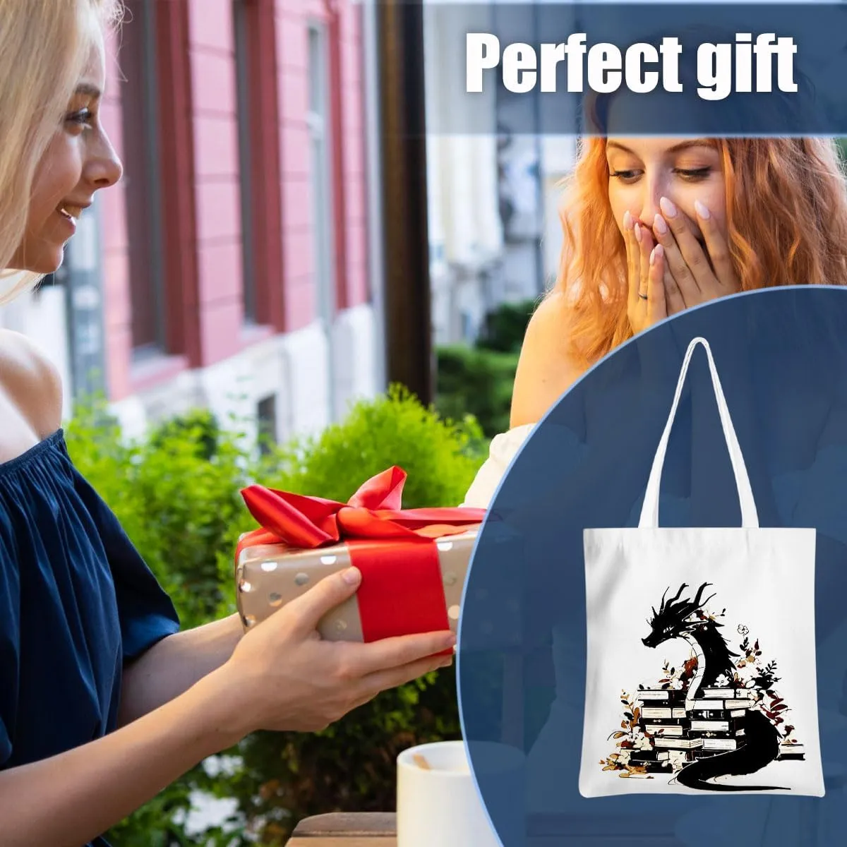 Wenboco Book Lovers Fantasy Reusable Grocery Bags, Beach Tote Dragon Bookworm Gift, Book Club Bag