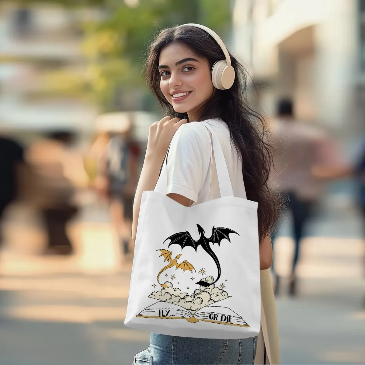 Wenboco Book Lovers Fantasy Reusable Grocery Bags, Beach Tote Dragon Bookworm Gift, Book Club Bag