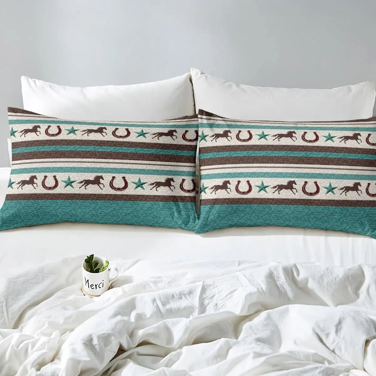Western Horseshoe Bedding Set King Size Kids Retro Cowboy Style Comforter Cover Set for Women Men Farmhouse Wild West Duvet Cover Breathable Teal Beige Brown Bedspread Cover Room Decor Quilt Cover
