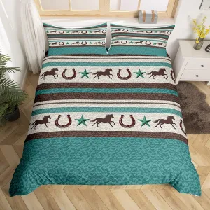 Western Horseshoe Bedding Set King Size Kids Retro Cowboy Style Comforter Cover Set for Women Men Farmhouse Wild West Duvet Cover Breathable Teal Beige Brown Bedspread Cover Room Decor Quilt Cover