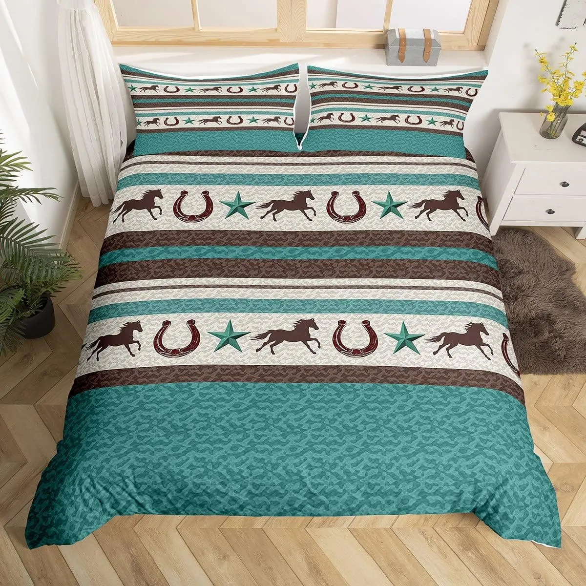 Western Horseshoe Bedding Set King Size Kids Retro Cowboy Style Comforter Cover Set for Women Men Farmhouse Wild West Duvet Cover Breathable Teal Beige Brown Bedspread Cover Room Decor Quilt Cover