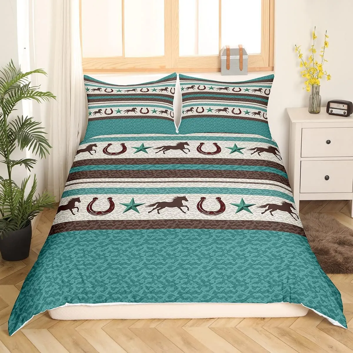 Western Horseshoe Bedding Set King Size Kids Retro Cowboy Style Comforter Cover Set for Women Men Farmhouse Wild West Duvet Cover Breathable Teal Beige Brown Bedspread Cover Room Decor Quilt Cover
