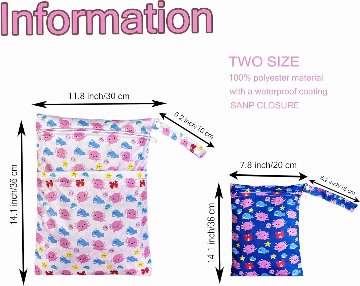 Wet Dry Bag with Two Zippered Pockets, Waterproof Reusable 2pcs Axolotl Wet Bags for Swimsuits, Beach, Swimming Pool,Dirty Yoga Clothes,Travel,Makeup Bag, Fitness, Storage Bag With Handle