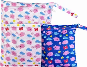 Wet Dry Bag with Two Zippered Pockets, Waterproof Reusable 2pcs Axolotl Wet Bags for Swimsuits, Beach, Swimming Pool,Dirty Yoga Clothes,Travel,Makeup Bag, Fitness, Storage Bag With Handle