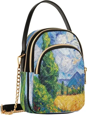 Wheat Field Cypress Blue Crossbody Bags for Women Small Sling Cross Body Bag Fanny Packs Phone Wallet Mini Purse