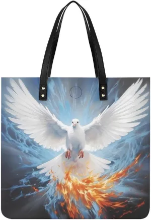 White Holy Spirit Dove Leather Tote Bags Casual Shoulder Handbag Purses Portable Shopping Bag for Men Women