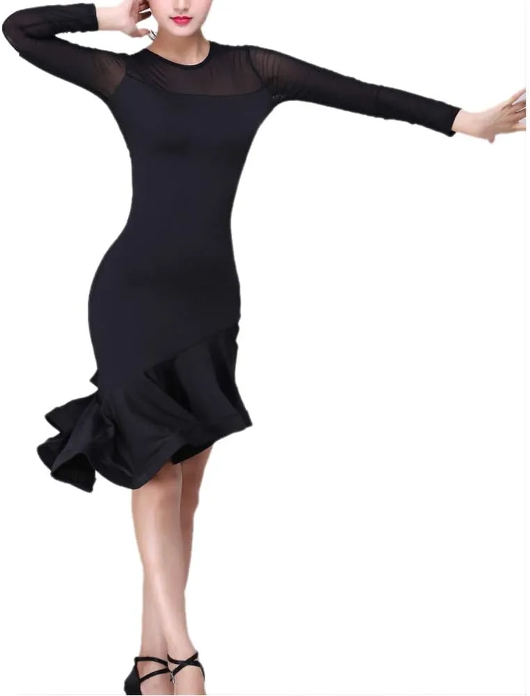 Whitewed Short Sleeves Mesh Yoke Latin Rhythm Tango Salsa Dance Dresses Costumes