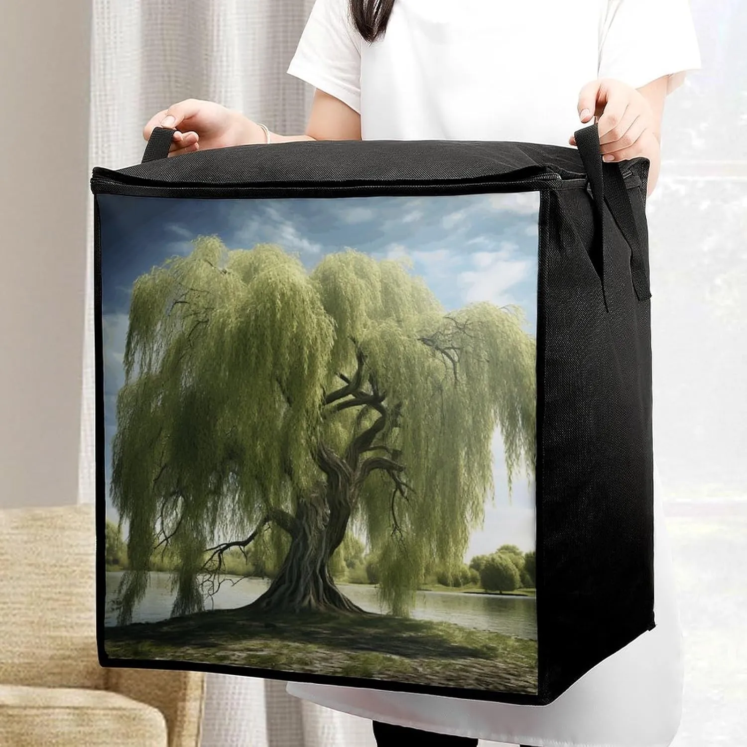 Willow TreeStorage Bag Large Blanket Storage Bag Bedding Storage Container Quilt Storage Bag With Zipper for Easy Storage Of Clothes Pillows And Toys
