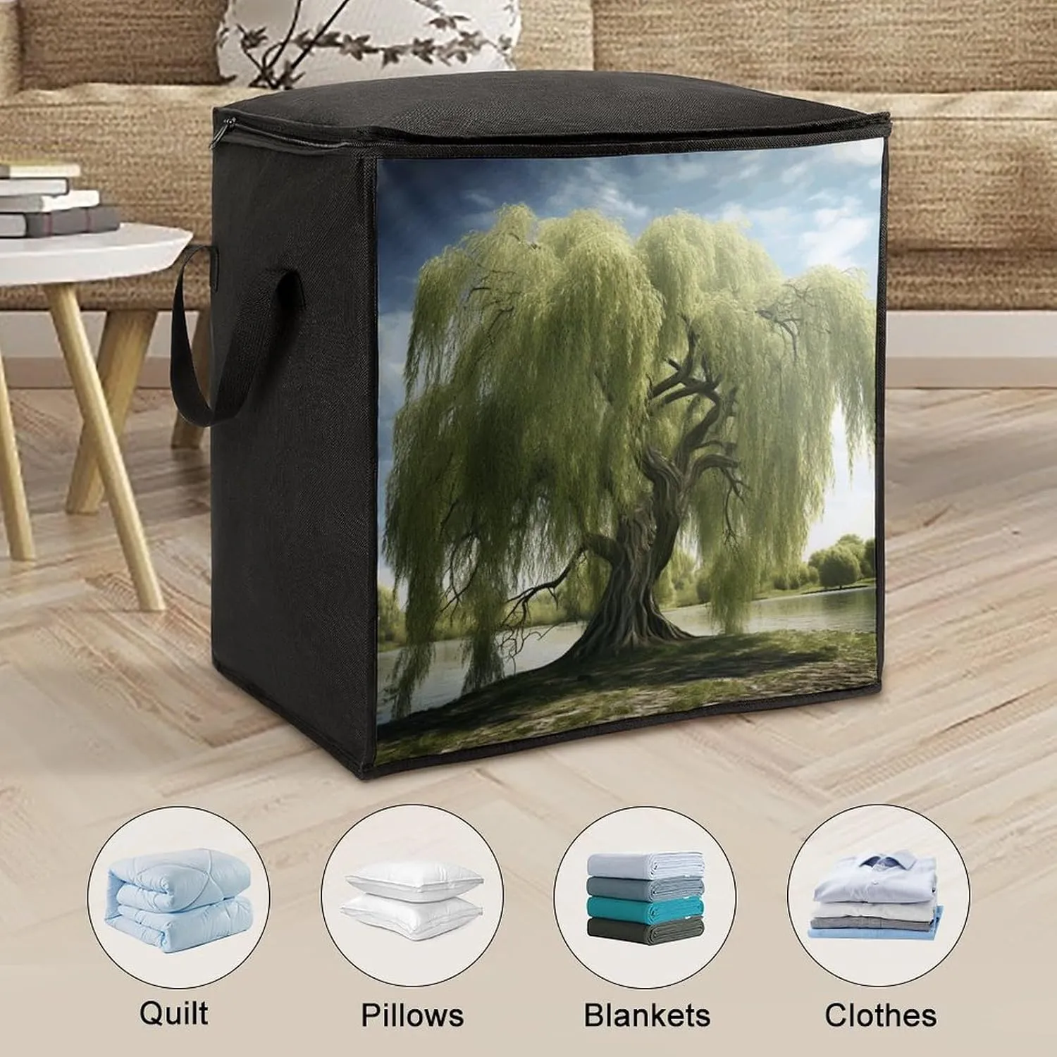Willow TreeStorage Bag Large Blanket Storage Bag Bedding Storage Container Quilt Storage Bag With Zipper for Easy Storage Of Clothes Pillows And Toys