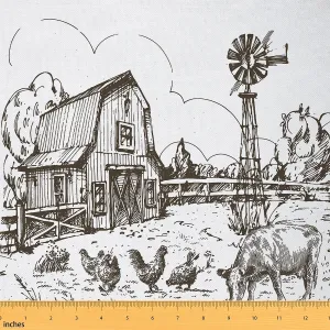 Windmill Fabric by The Yard, Rustic Barn Farmhouse Decor, Chick Cow Farm Animals Upholstery, Hand Drawn Illustration Quilt, Countryside Rural Meadow Waterproof, 5 Yards