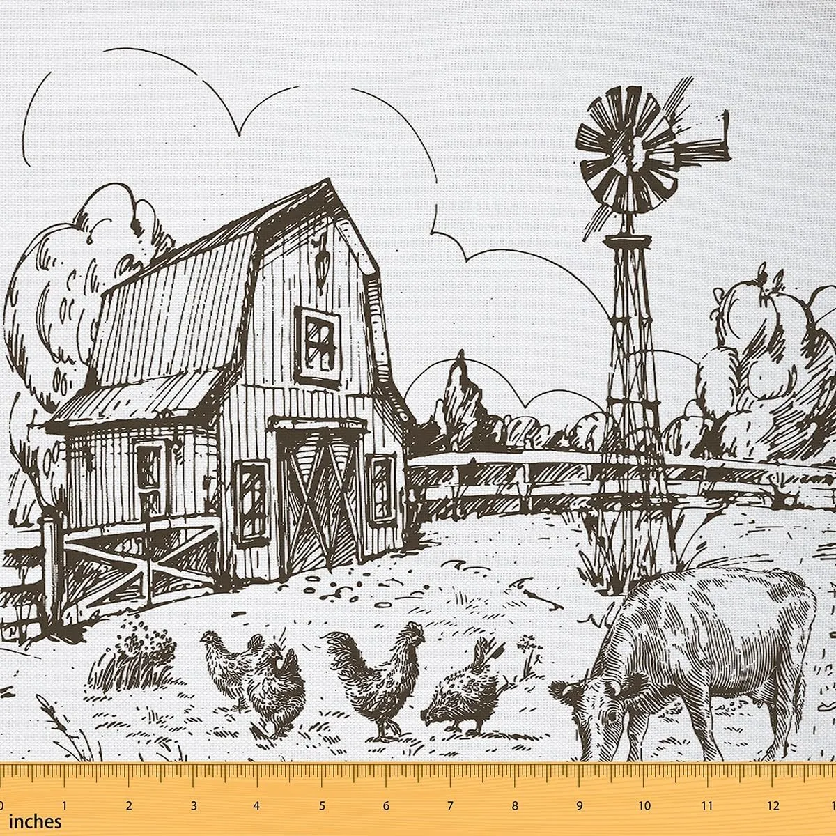 Windmill Fabric by The Yard, Rustic Barn Farmhouse Decor, Chick Cow Farm Animals Upholstery, Hand Drawn Illustration Quilt, Countryside Rural Meadow Waterproof, 5 Yards