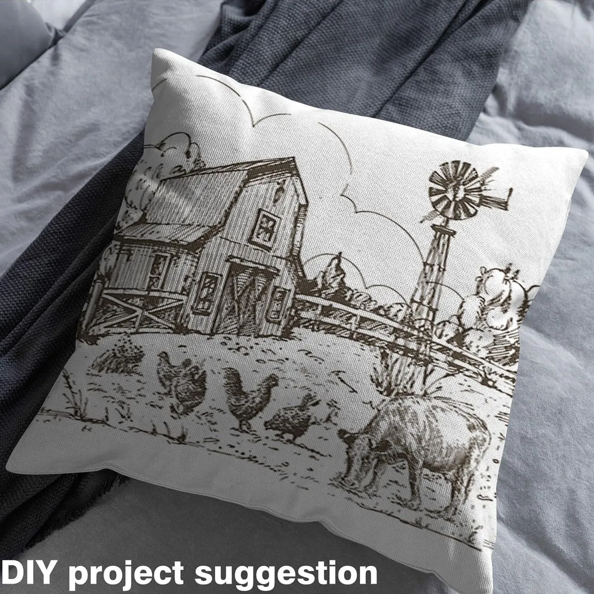 Windmill Fabric by The Yard, Rustic Barn Farmhouse Decor, Chick Cow Farm Animals Upholstery, Hand Drawn Illustration Quilt, Countryside Rural Meadow Waterproof, 5 Yards