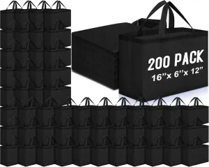 Windyun 200 Pcs Reusable Grocery Bags Large Non Woven Shopping Bags Foldable Portable Tote Carryall Bulk(Black,16x6x12 Inch)