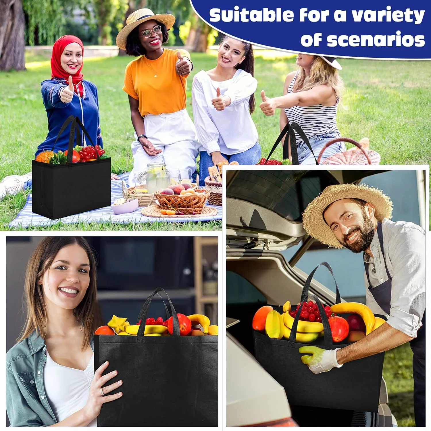 Windyun 200 Pcs Reusable Grocery Bags Large Non Woven Shopping Bags Foldable Portable Tote Carryall Bulk(Black,16x6x12 Inch)