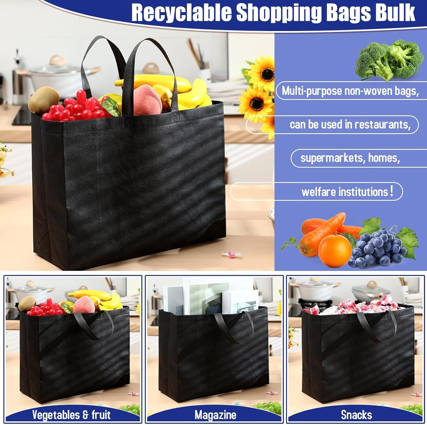 Windyun 200 Pcs Reusable Grocery Bags Large Non Woven Shopping Bags Foldable Portable Tote Carryall Bulk(Black,16x6x12 Inch)