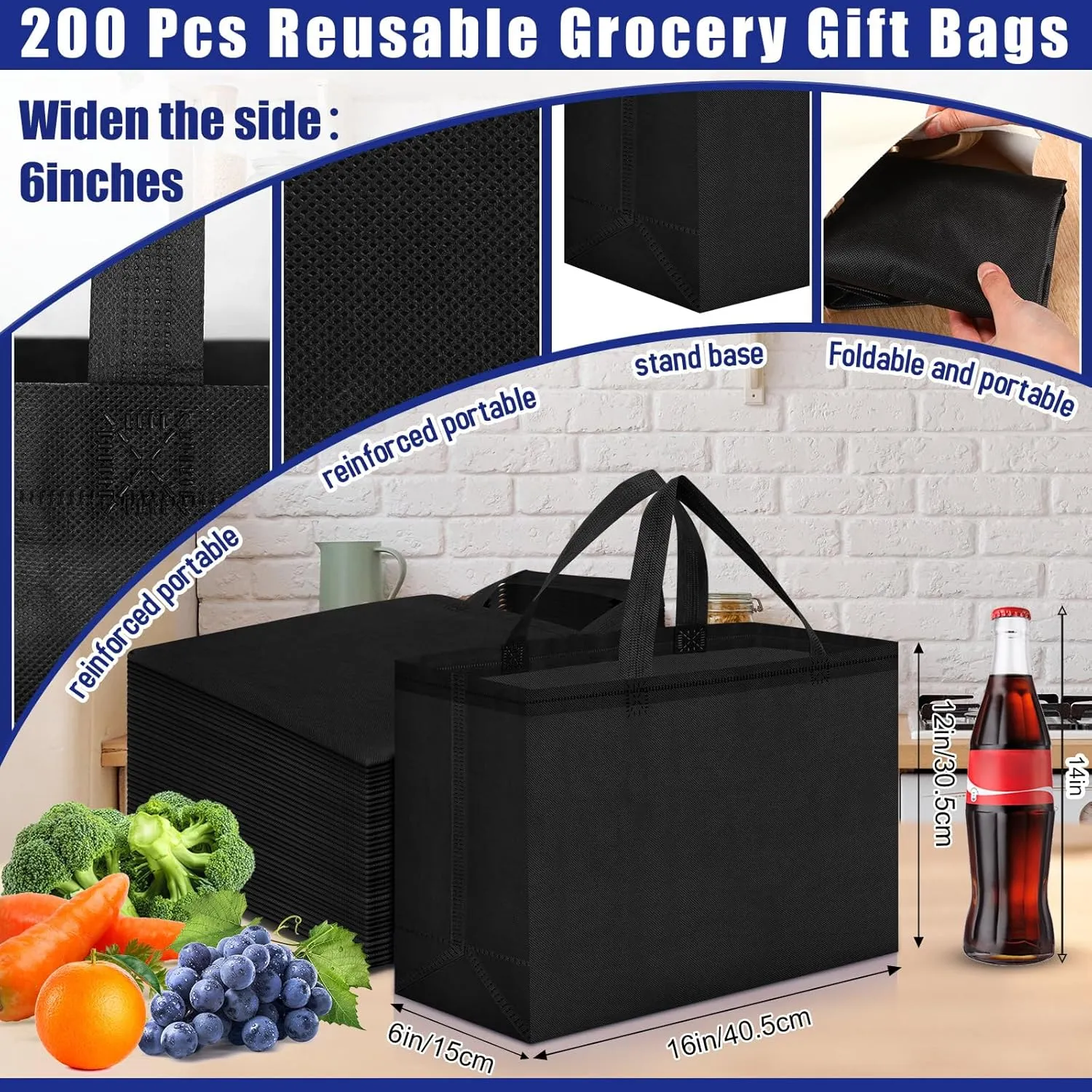 Windyun 200 Pcs Reusable Grocery Bags Large Non Woven Shopping Bags Foldable Portable Tote Carryall Bulk(Black,16x6x12 Inch)