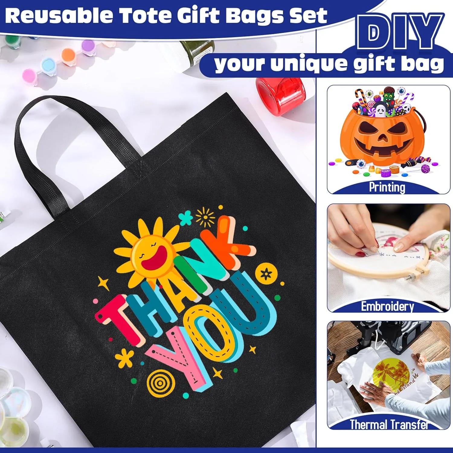 Windyun 200 Pcs Reusable Grocery Bags Large Non Woven Shopping Bags Foldable Portable Tote Carryall Bulk(Black,16x6x12 Inch)