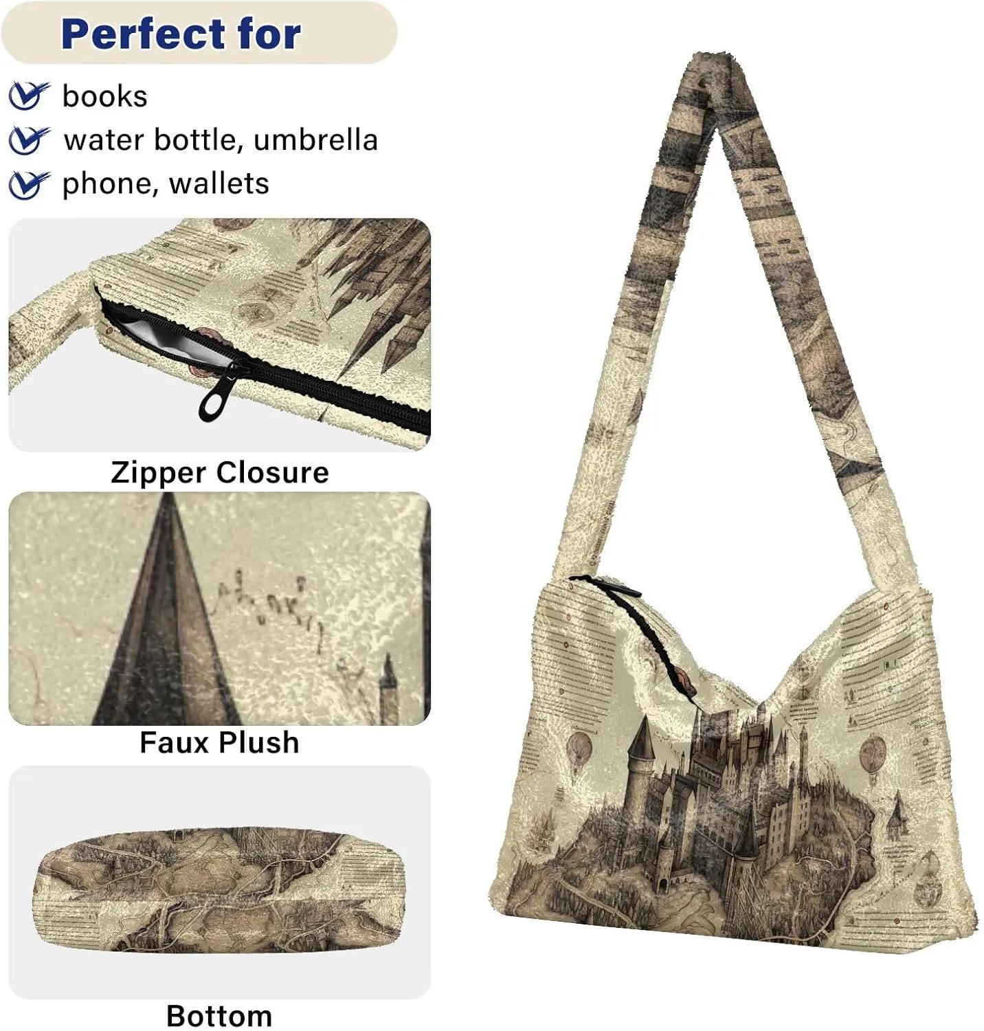 Winter Christmas Forest Deer Plush Shoulder Bag, Book Bags for Women, Autumn Handbags