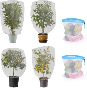 WIOR 4 Pack Garden Mesh Netting Bags with 2 Large Reusable Produce Bags, 2.6x3.3FT   3.3x4.9FT Blueberry Bush Covers Plant Barrier Protect Fruits Vegetables Trees Tomatoes from Birds Insects Eating