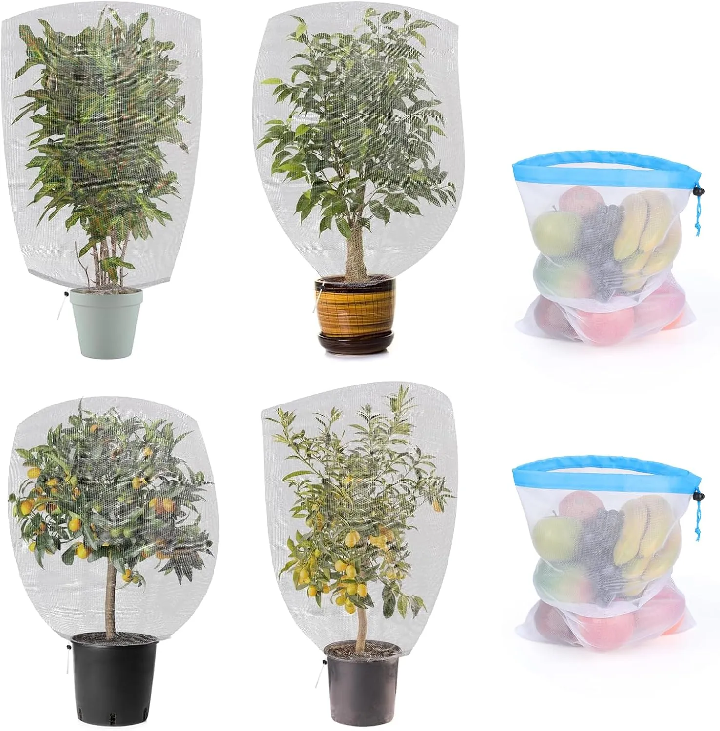 WIOR 4 Pack Garden Mesh Netting Bags with 2 Large Reusable Produce Bags, 2.6x3.3FT   3.3x4.9FT Blueberry Bush Covers Plant Barrier Protect Fruits Vegetables Trees Tomatoes from Birds Insects Eating